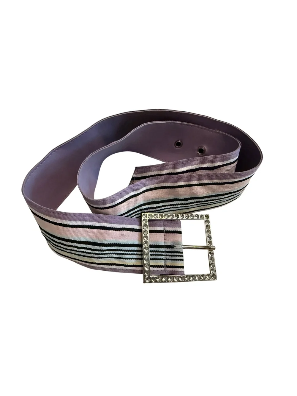 Vintage Wide Purple and Multicolor Striped Belt with Rhinestone Buckle